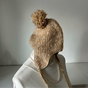 NWOT Tan Knit Hat Women Beanie Winter Hat w PomPom, Ear Flaps and Ties Soft/Warm